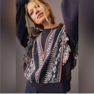 Anthropologie Navy Ruffled Deco Pullover Sweatshirt